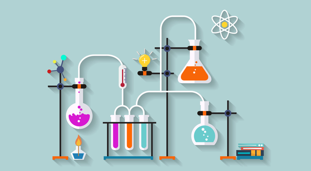 A flat illustration of a chemistry lab with a light bulb and flasks.