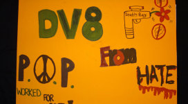 A sign that says dv8 from pop hate for me.