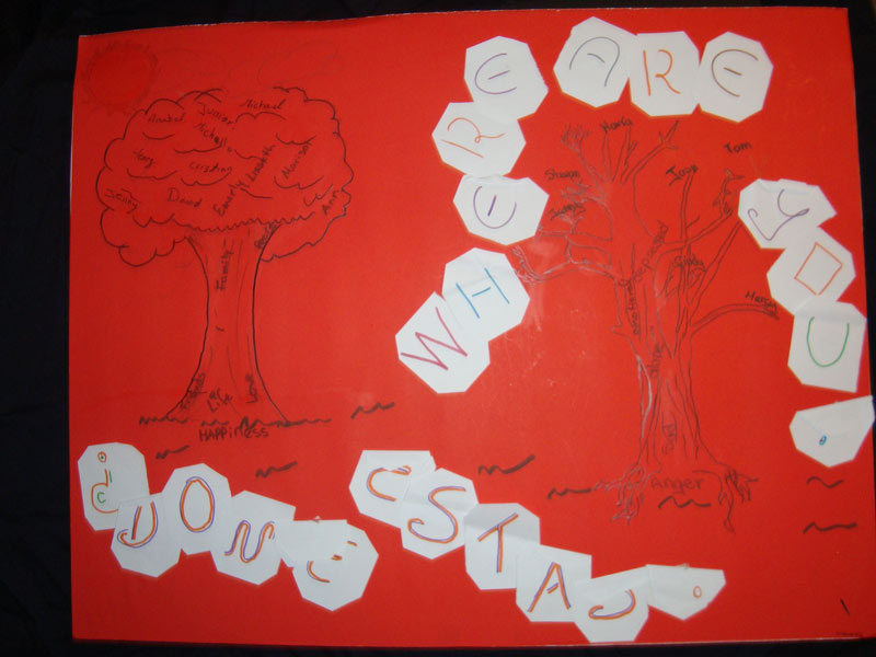 A drawing of a tree on a red background.