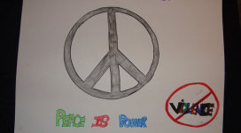 A drawing of a peace sign with the words think before you act.
