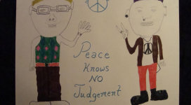 A drawing of two people with the words peace arms no judgement.