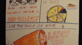 A drawing of a poster that says no violence.