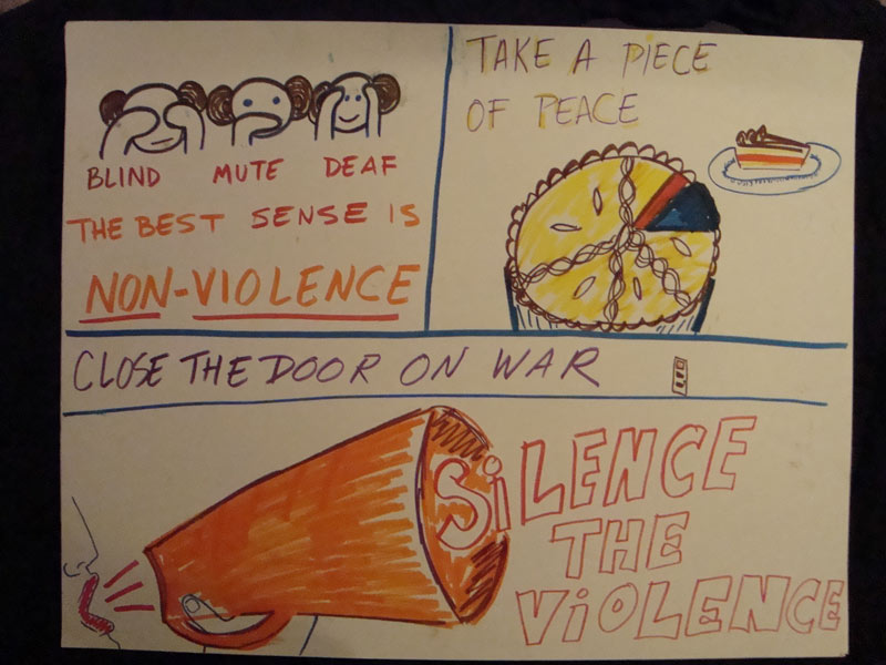 A drawing of a poster that says no violence.