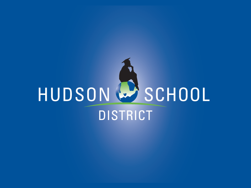 A blue background with the words hudson school district in white.