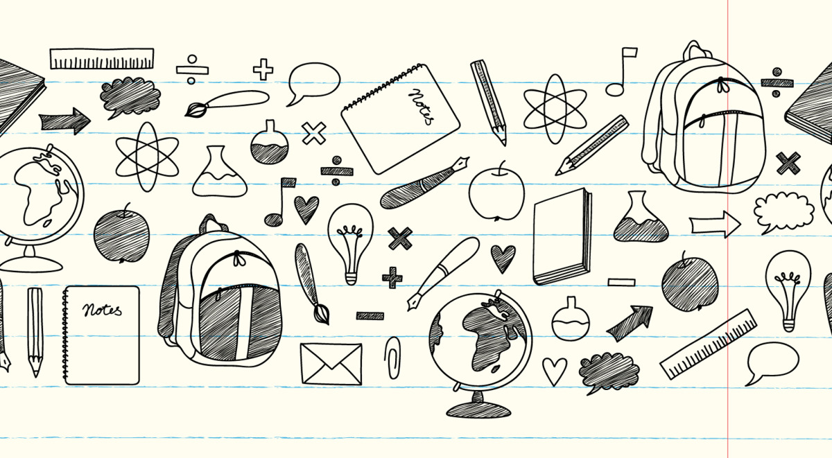 Doodles of school items on a lined notebook.